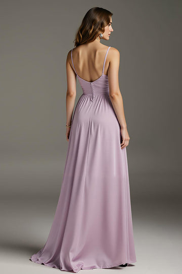 Light Purple A-Line Spaghetti Straps Pleated Maxi Dress